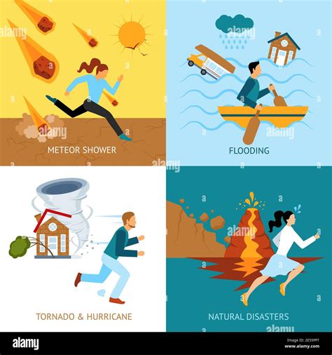 Natural Disasters Safety Design Concept With People Escape From Tornado And Hurricane Flat Icons