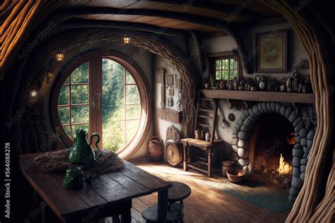 Hobbit house interior, inside fantasy wooden hut in forest, generative AI Stock Illustration ...