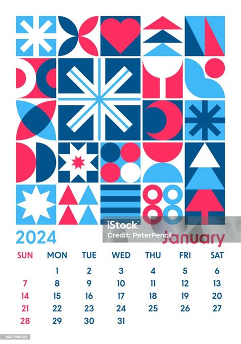 Kalender Januari 2024 Gaya Bentuk Bauhaus Geometris Abstrak Desain Seni