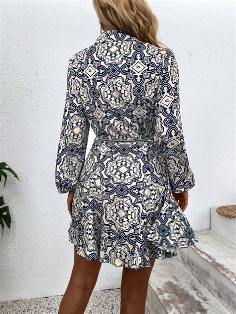 Shein Vcay Random Allover Print Belted Shirt Dress Shein Usa