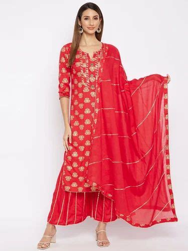 Women Red Gold Toned Floral Gotta Patti Kurta With Palazzos Dupatta