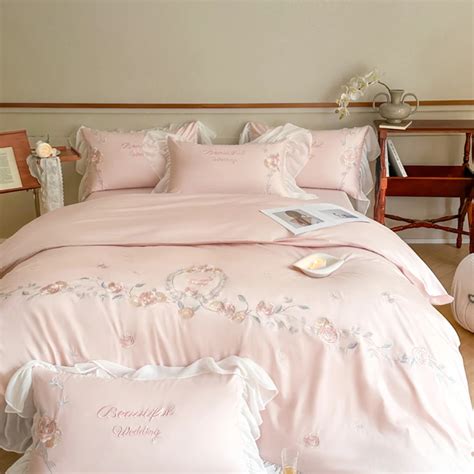 Ensemble De Literie En Coton Brod De Fleurs Roses Housse De Athlon Lin