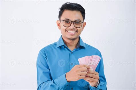 Smile Or Happy Asian Employee Man With Glasses Holding Money Wearing