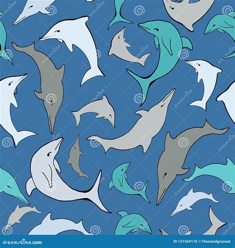 Vector Blue Sea Dolphins Seamless Pattern Stock Vector Illustration