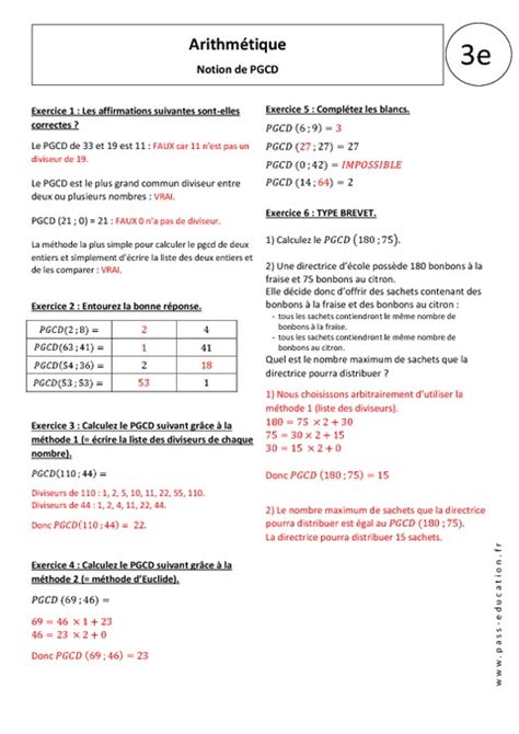 Notion de PGCD Exercices corrigés 3ème Plus grand commun diviseur