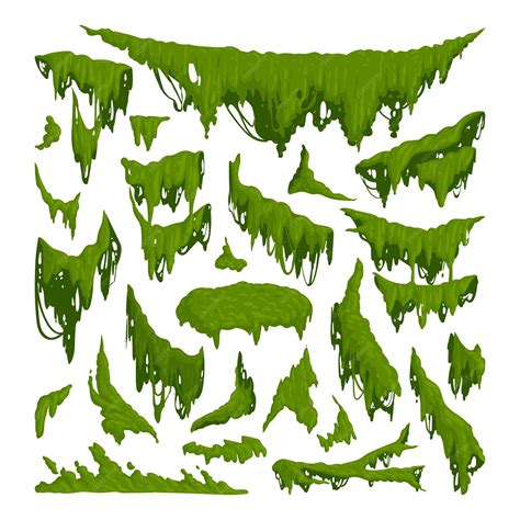 Green moss cartoon jungle moss plants creeping and hanging lichen flat