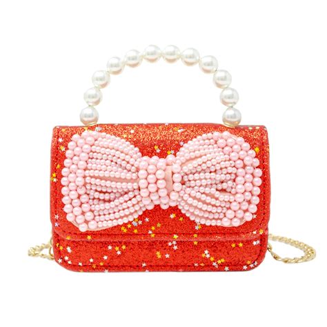 Glitter Pearl Handle Bow Bag Red Pink Chicken