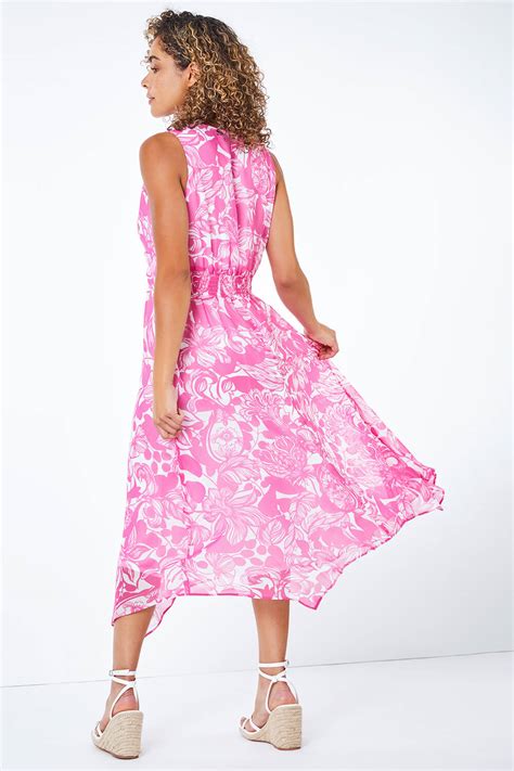 Petite Contrast Floral Print Hanky Hem Dress In Pink Petite UK