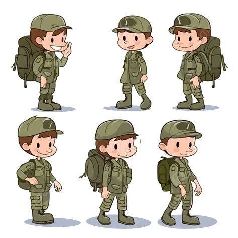 Military Clipart Different Poses Of Soldiers Cartoon Set With Backpack