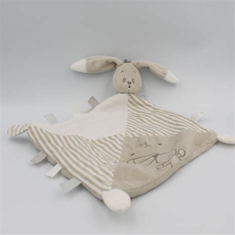 Doudou plat lapin beige blanc rayé AUCHAN