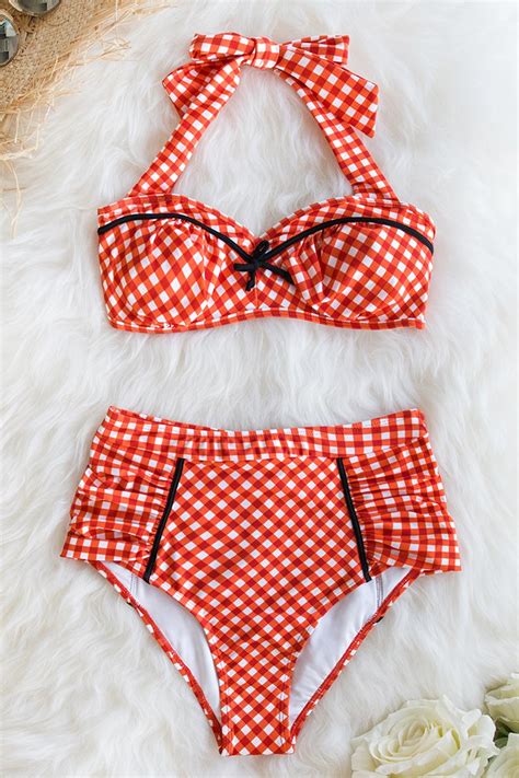 Red Gingham Halter Bikini With High Waisted Bottom