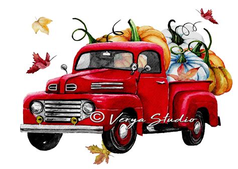 Watercolor Fall Truck Clipart Vintage Red Green Yellow Truck With