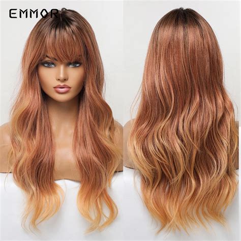 Emmor Synthetic Ombre Brown To Ginger Wigs Natural Blonde Wavy Hair Wig For Women Cosplay Orange