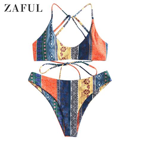 ZAFUL For Women S Swimwear Ethnic Flower Strappy Bikini Set Multi B S