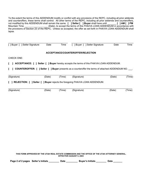 Utah Fha Va Loan Addendum To Real Estate Purchase Contract Fill Out