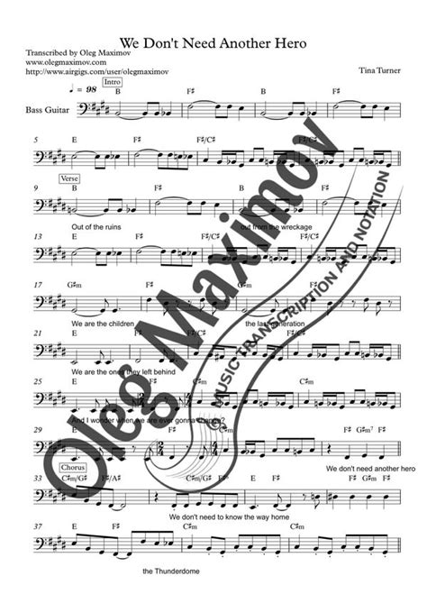 Tina Turner We Don T Need Another Hero Bass Transcription Sheet Music