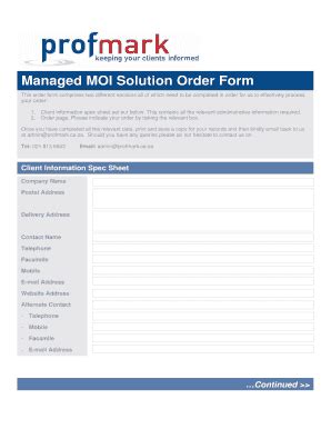 Fillable Online Profmark Co Managed MOI Solution Order BFormb