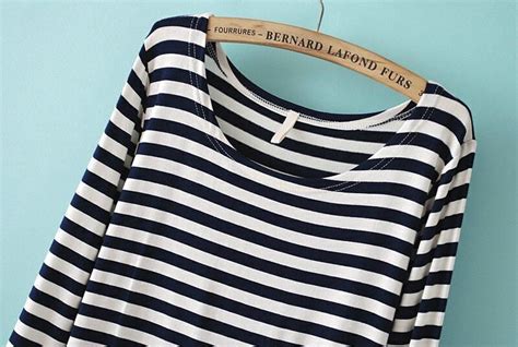 Navy Long Sleeve Striped Contrast Hem T Shirt Shein Sheinside