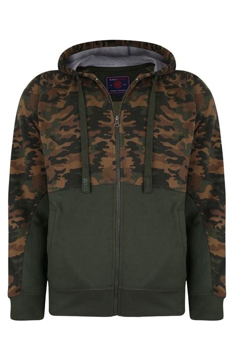 Kam Khaki Green Camo Colour Block Zip Through Hoodie Badrhino