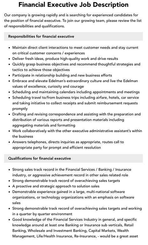 Financial Executive Job Description Velvet Jobs