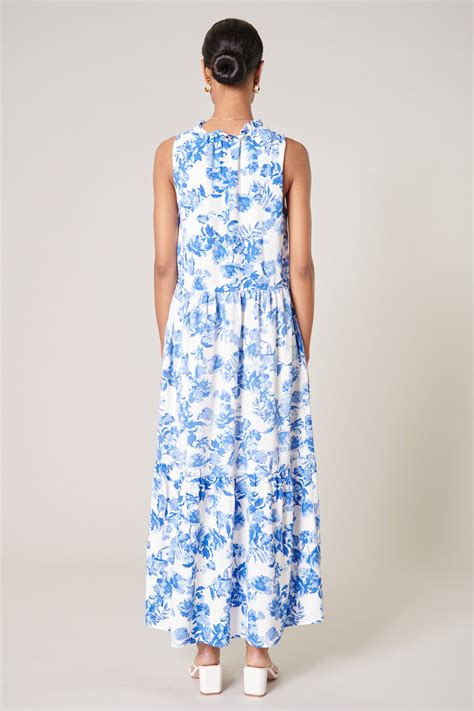 Antoinette Blue Floral Split Neck Tiered Maxi Dress Sugarlips