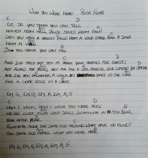 Chords And Lyrics Wish You Were Here By Pink Floyd Here Lyrics Song