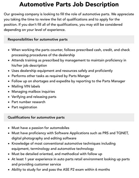 Automotive Parts Job Description Velvet Jobs