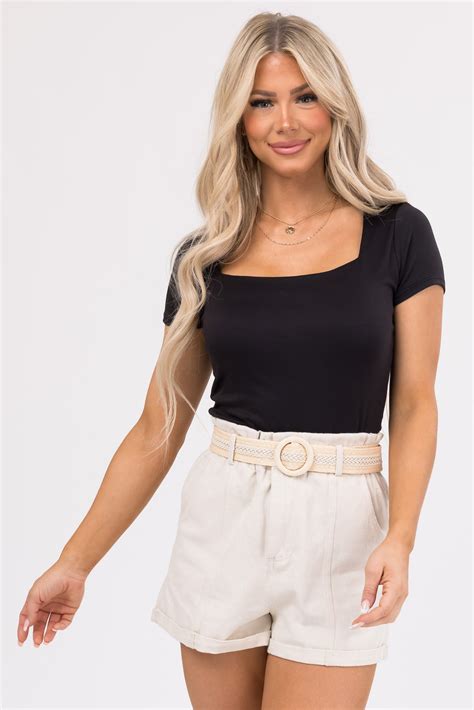 Black Square Neck Short Sleeve Basic Top Lime Lush Boutique