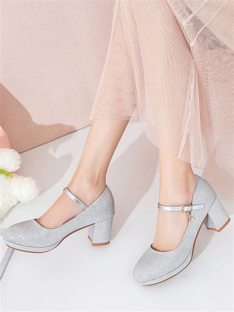 Mary Jane Shoes Silver Glitter Round Toe Chunky Heel Pumps For Women