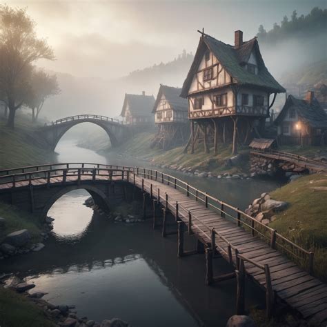 Small Settlement Foggy Bridge And River Dramatic