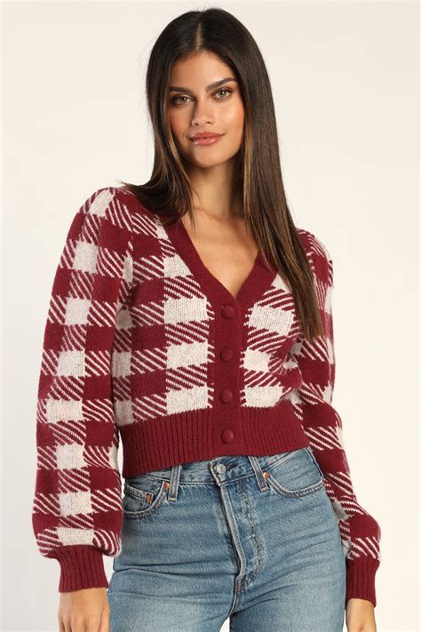 Burgundy Checkered Sweater Button Up Cardigan Sweater Sweater Lulus