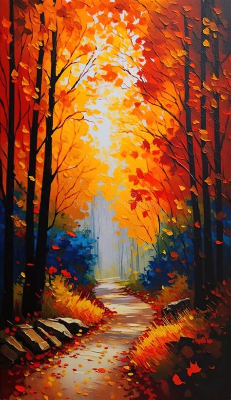 A Painting Of A Path In The Woods With Trees And Leaves Stock Photo