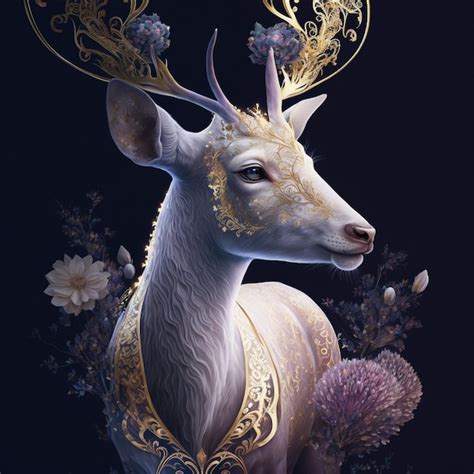 Premium Photo A Deer With Gold Antlers And Floral Decorations On Its