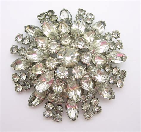 RHINESTONE Double Level FLOWER BROOCH Vintage PIN In Silvertone HUGE