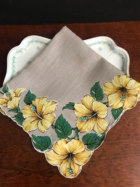 Vintage 1950 60 Hibiscus Floral Handkerchief Hanky Textile Crafting