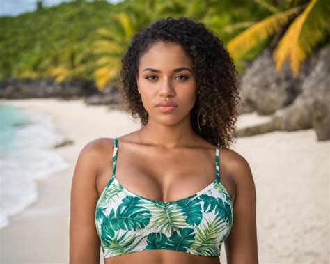 Premium Photo A Woman In A Tropical Bikini Top Standing On The Beach