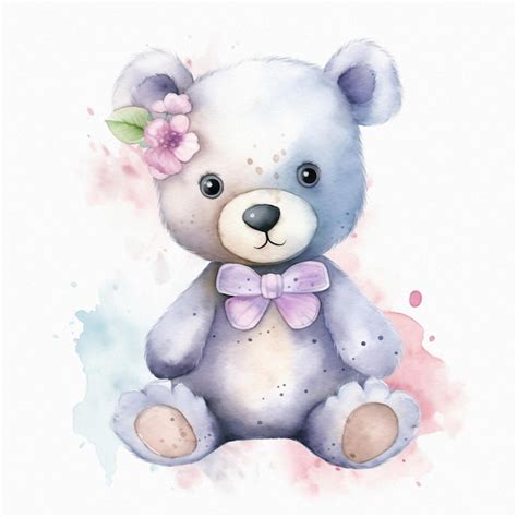 Fofo urso de pelúcia cores pastel flores ilustração aquarela Foto Premium