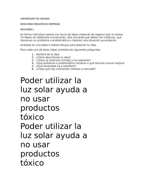 Actividad Ideas Para Creacion De Empresas Universidad Tec Milenio