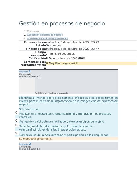 Gestión en procesos de negocio semana 5 examen Gestión en procesos de