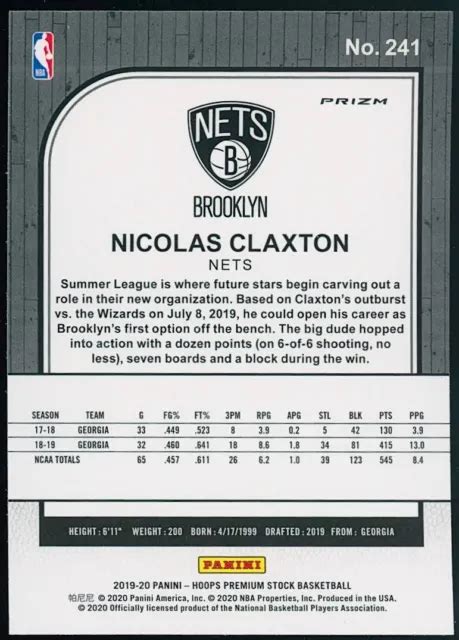 2019 20 NICOLAS CLAXTON Hoops Premium Stock Prizms Silver Laser 241 RC