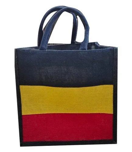 Webbed Handle Red Yellow And Navy Blue Zipper Plain Jute Lunch Bag