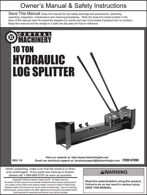 Harbor Freight 10 Ton Hydraulic Log Splitter Product Manual