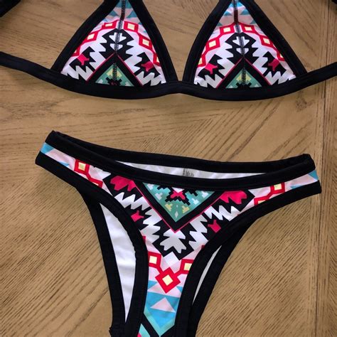 White Bikini W Colorful Aztec Design Gem