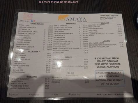 Menu at AMAYA real indian food restaurant, Barrie