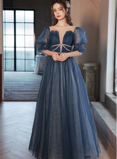 In Stock Ship In 48 Hours Blue Tulle Sequins Puff Sleeve Prom Dress