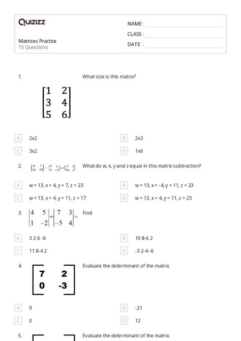 50 Matrices Worksheets On Quizizz Free Printable