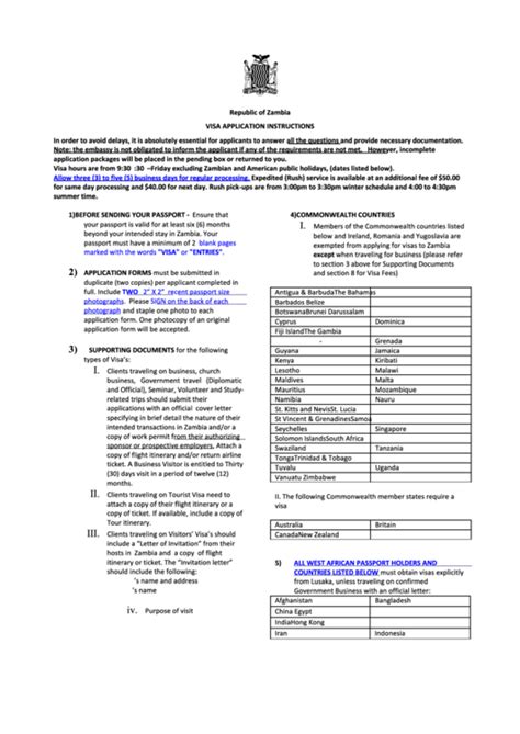 Zambia Visa Application Form - Embassy Of The Republic Of Zambia ...