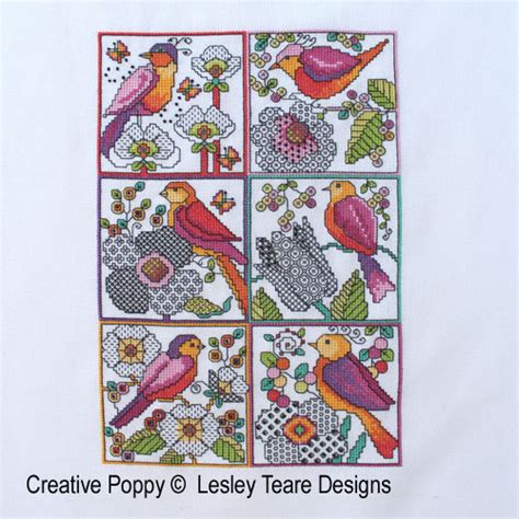 Lesley Teare Petits Motifs De Blackwork Fleurs Et Oiseaux Grille