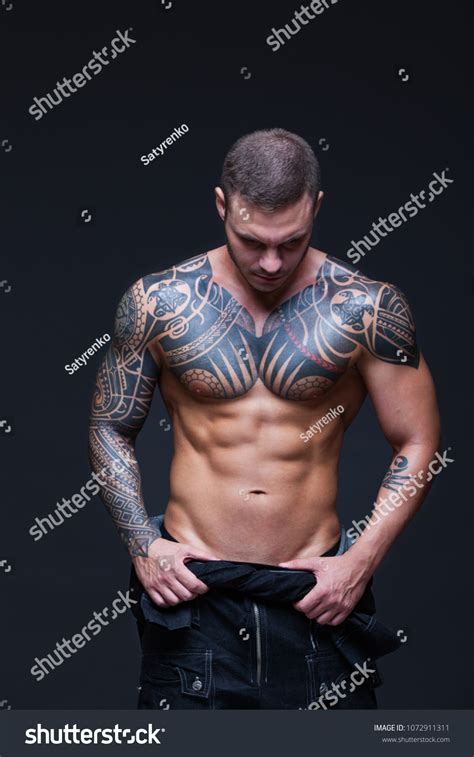 Man Muscular Naked Torso Tattoos On Stock Photo 1072911311 Shutterstock