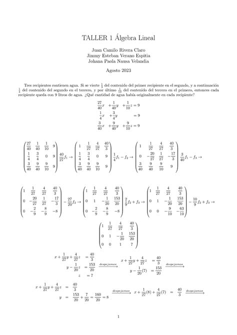 Problema De Algebra Lineal Taller Algebra Lineal Juan Camilo